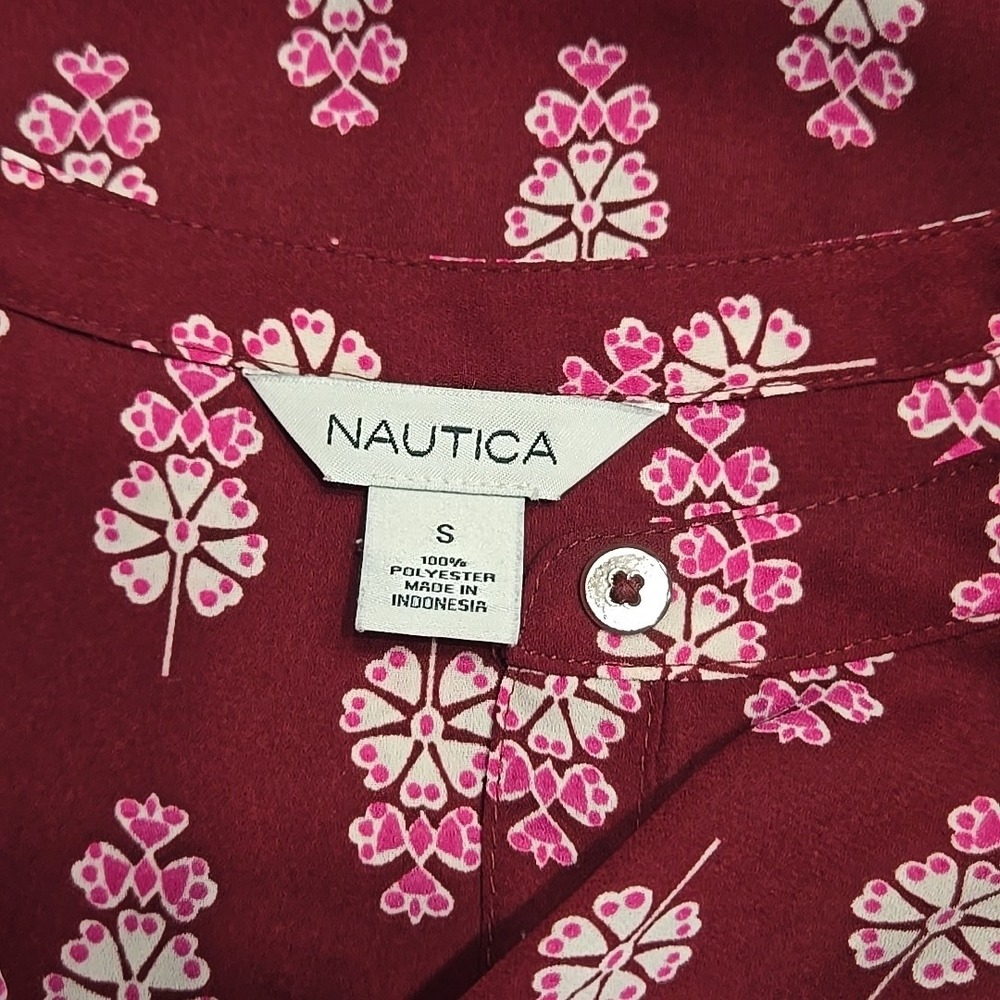Nautica Burgundy Floral‎ Button Front High Neck Long Sleeve Blouse Top Small S - Picture 7 of 7